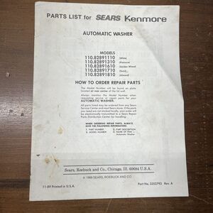 Vtg 1989 parts list - Sears Kenmore Washer 110.82891110 part #3352793 rev. A
